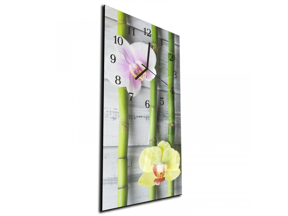 Nástěnné hodiny orchidej růžový a žlutý, bambus 30x60cm